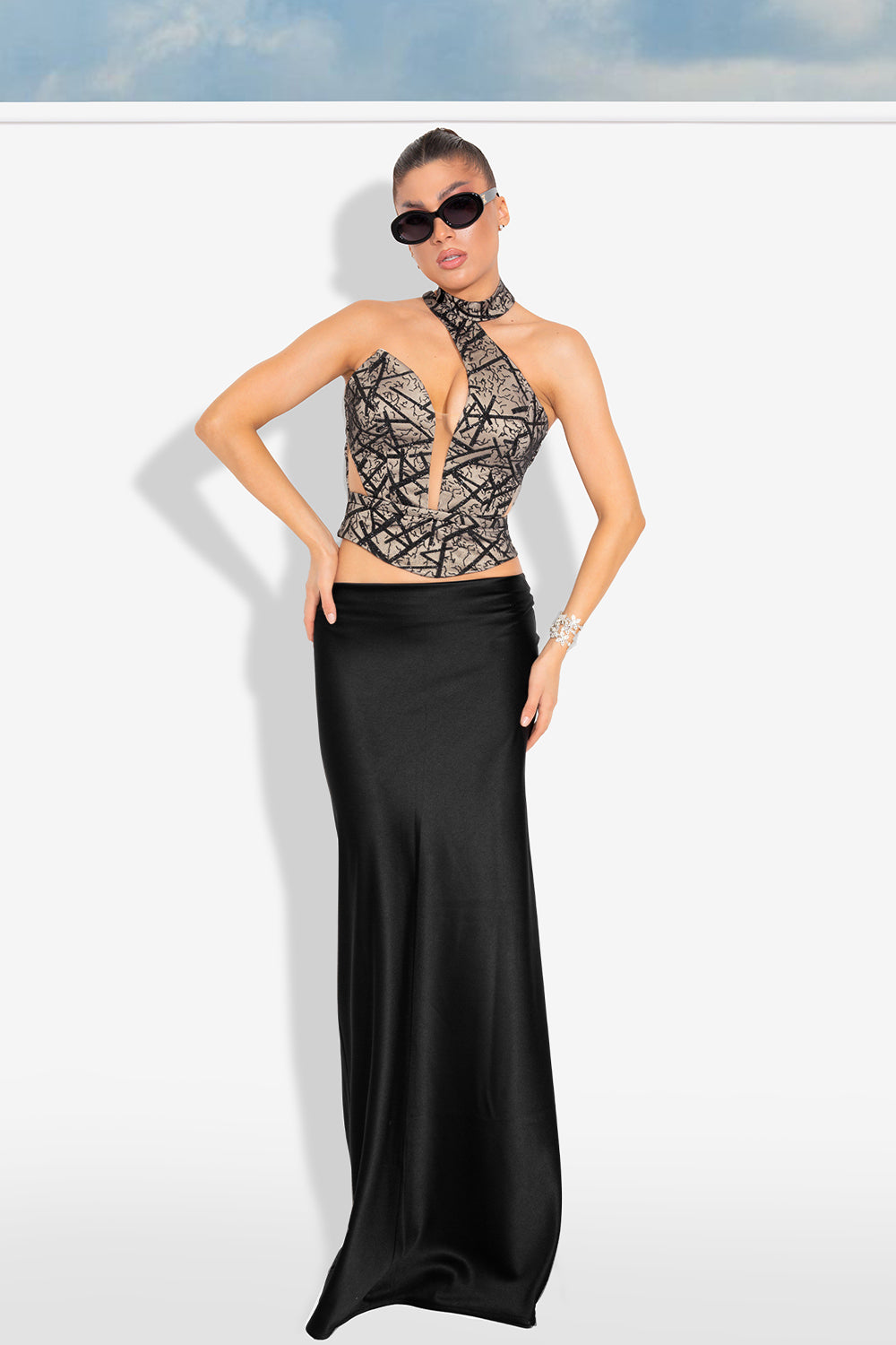 MAXI SKIRT AND CROP TOP SET  REMY GLITTER LACE SATIN BLACK AND NUDE