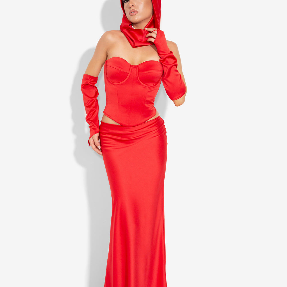 MAXI SKIRT AND CROP TOP SET EZRA SATIN RED
