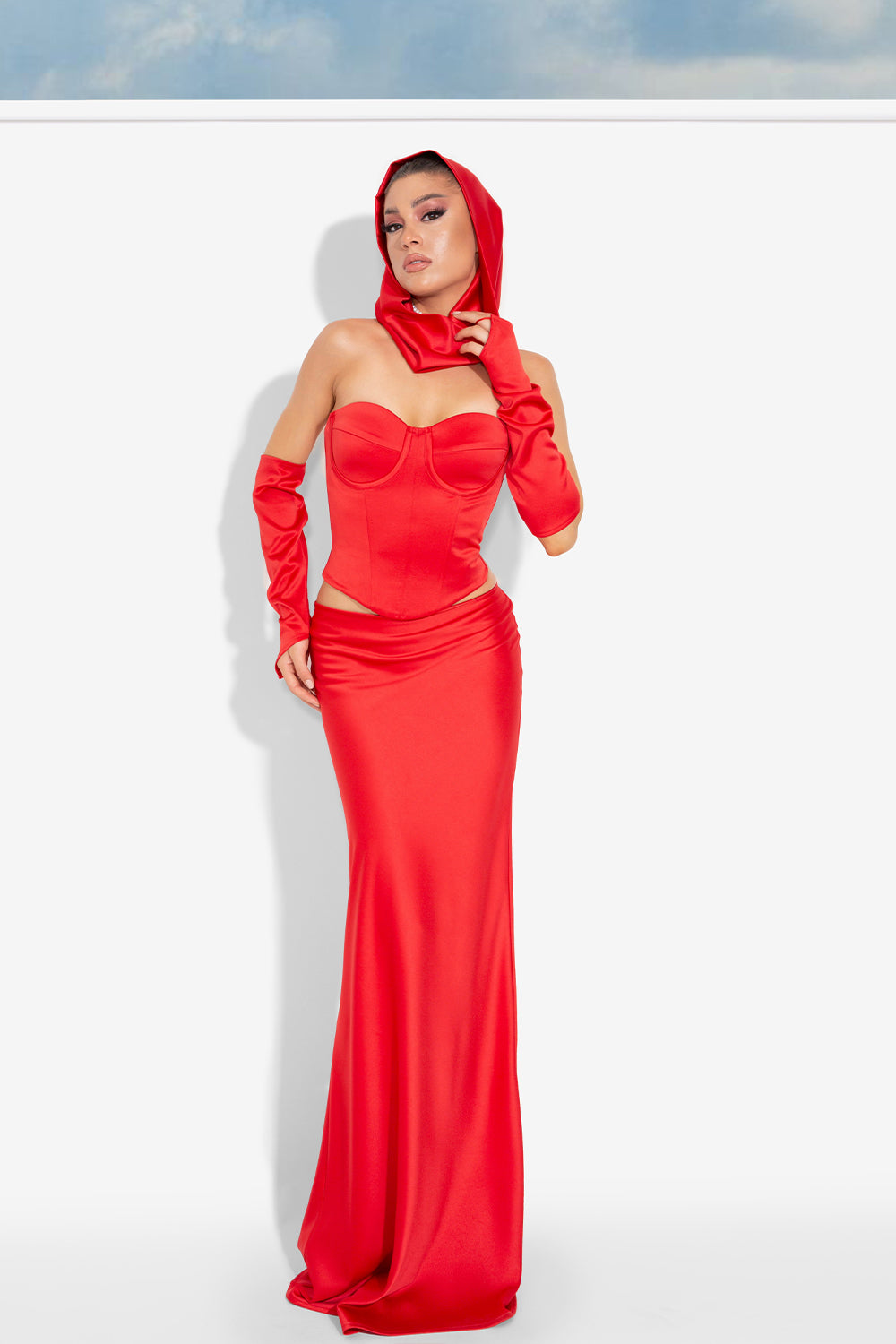 MAXI SKIRT AND CROP TOP SET EZRA SATIN RED
