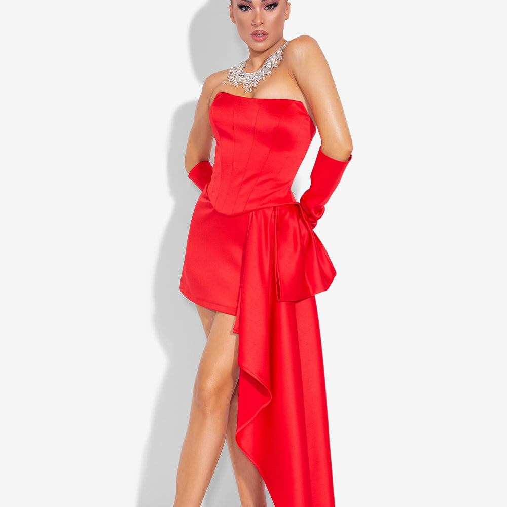 MINI SKIRT AND CROP TOP SET MARCELINE 4 PARTS SATIN RED