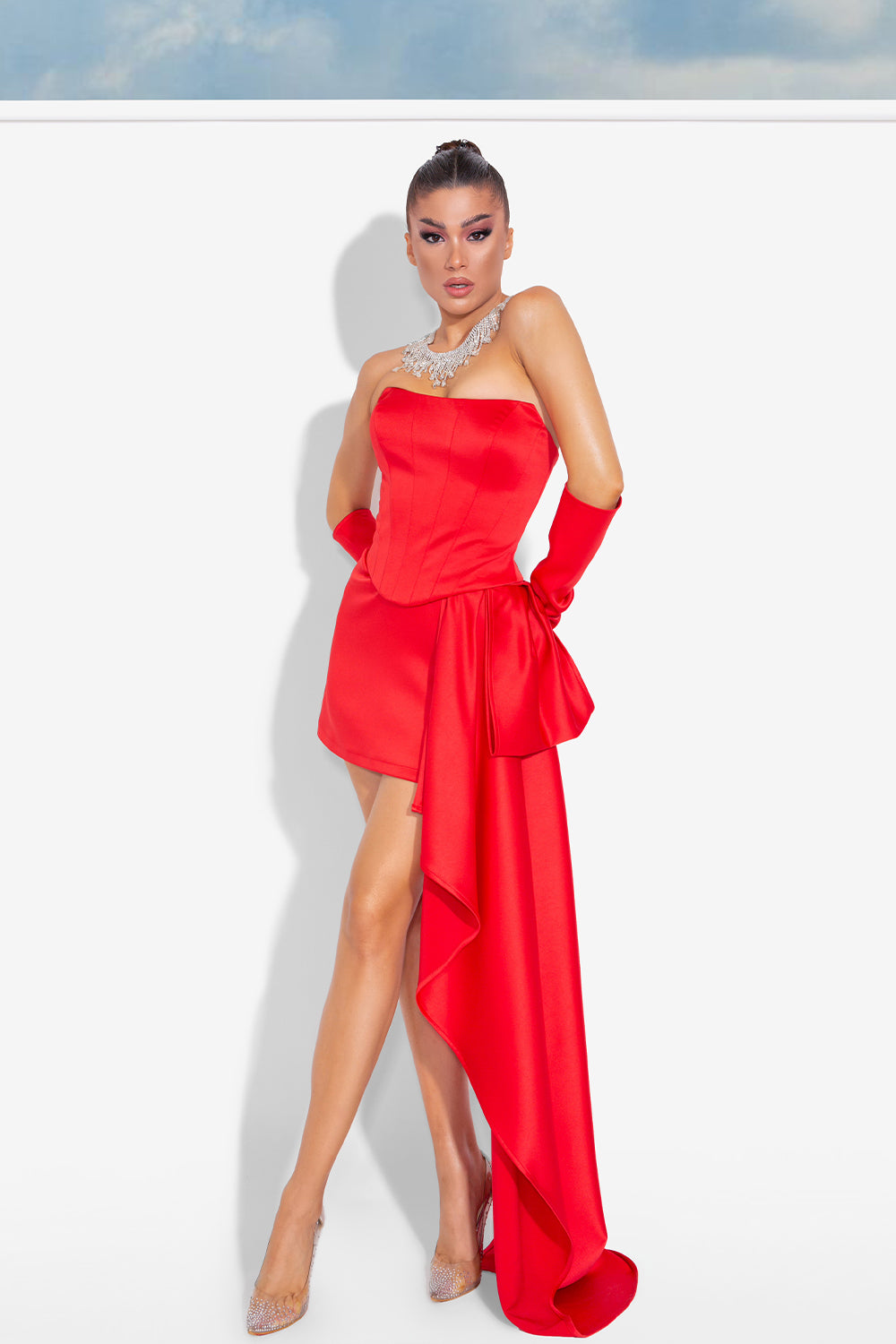 MINI SKIRT AND CROP TOP SET MARCELINE 4 PARTS SATIN RED