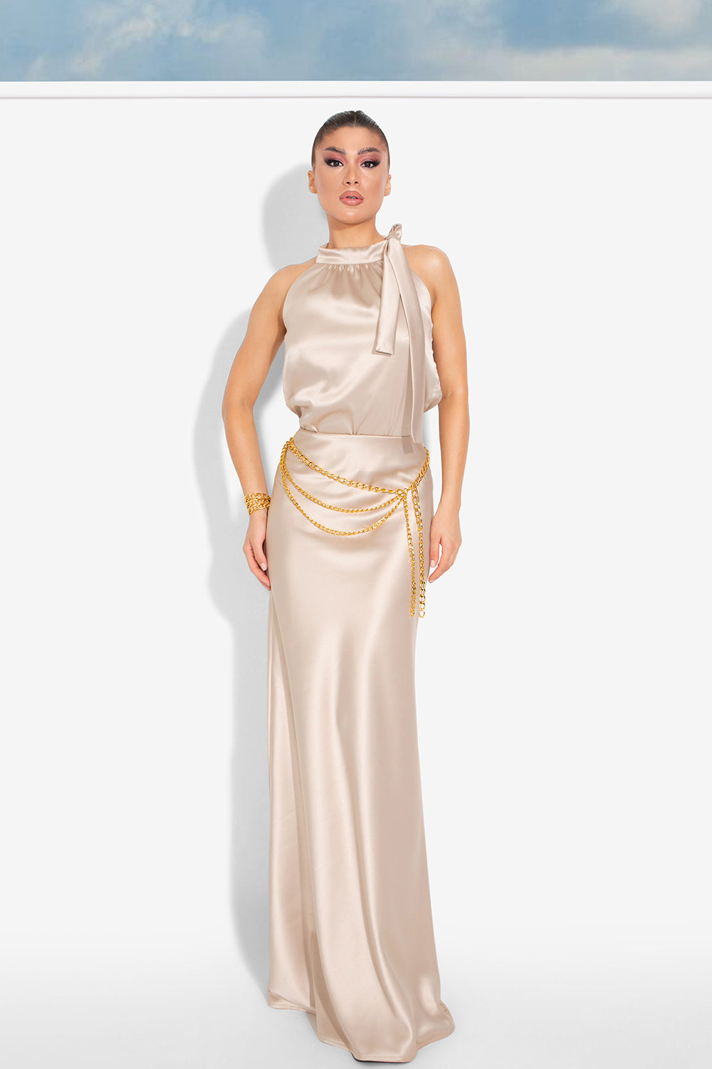 MAXI SKIRT AND CROP TOP SET 2 PARTS FLORENCE SATIN GOLDEN