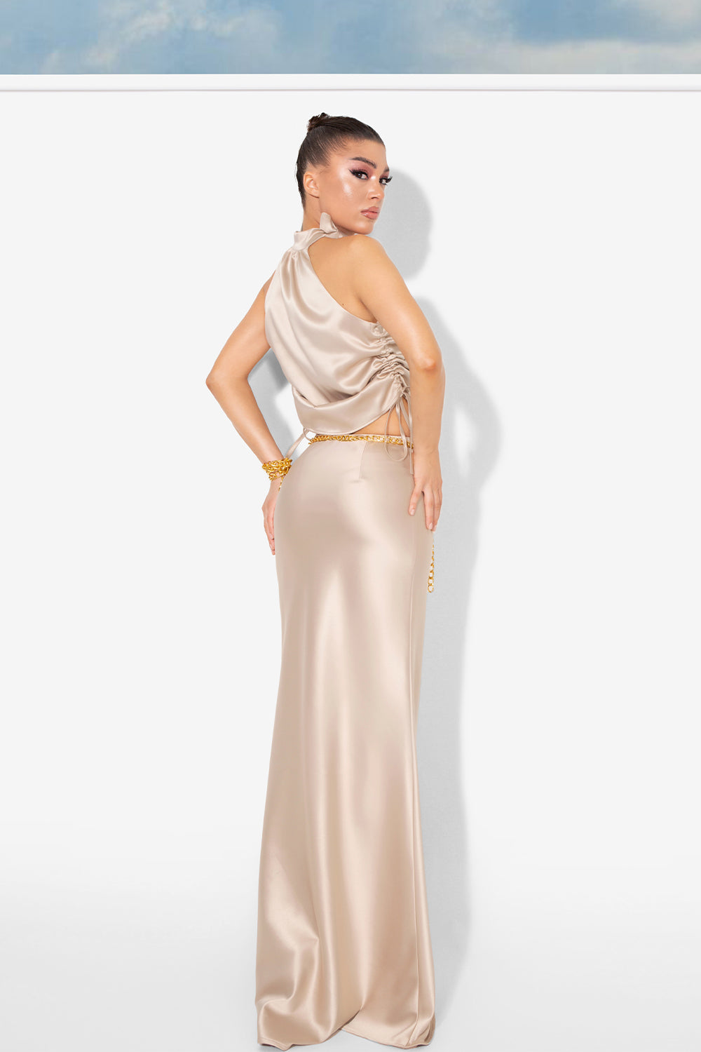 MAXI SKIRT AND CROP TOP SET 2 PARTS FLORENCE SATIN GOLDEN