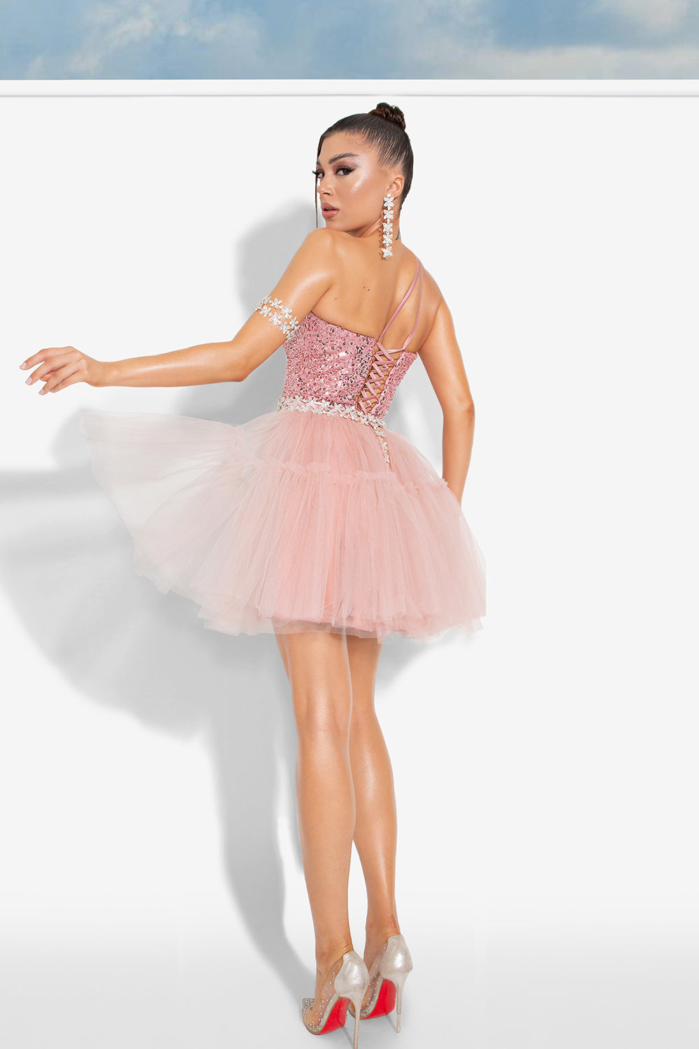 MINI SKIRT AND CROP TOP SET CORALINE 2 PARTS SEQUIN TULLE POWDER PINK