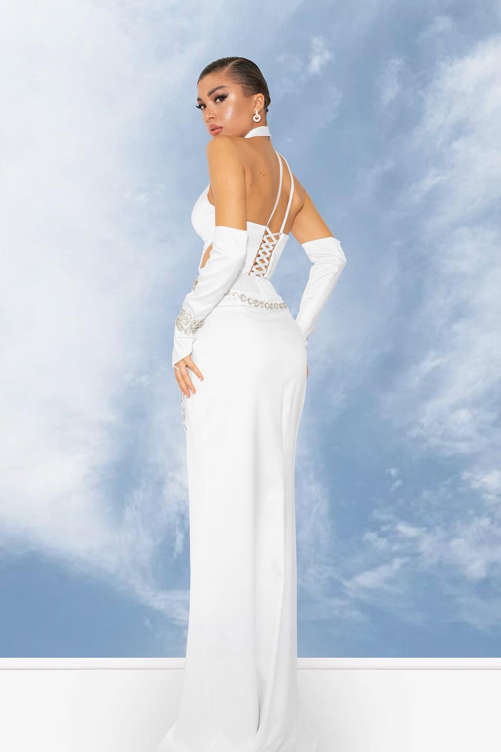 MAXI SKIRT AND CROP TOP SET KATELYN 3 PARTS SATIN WHITE