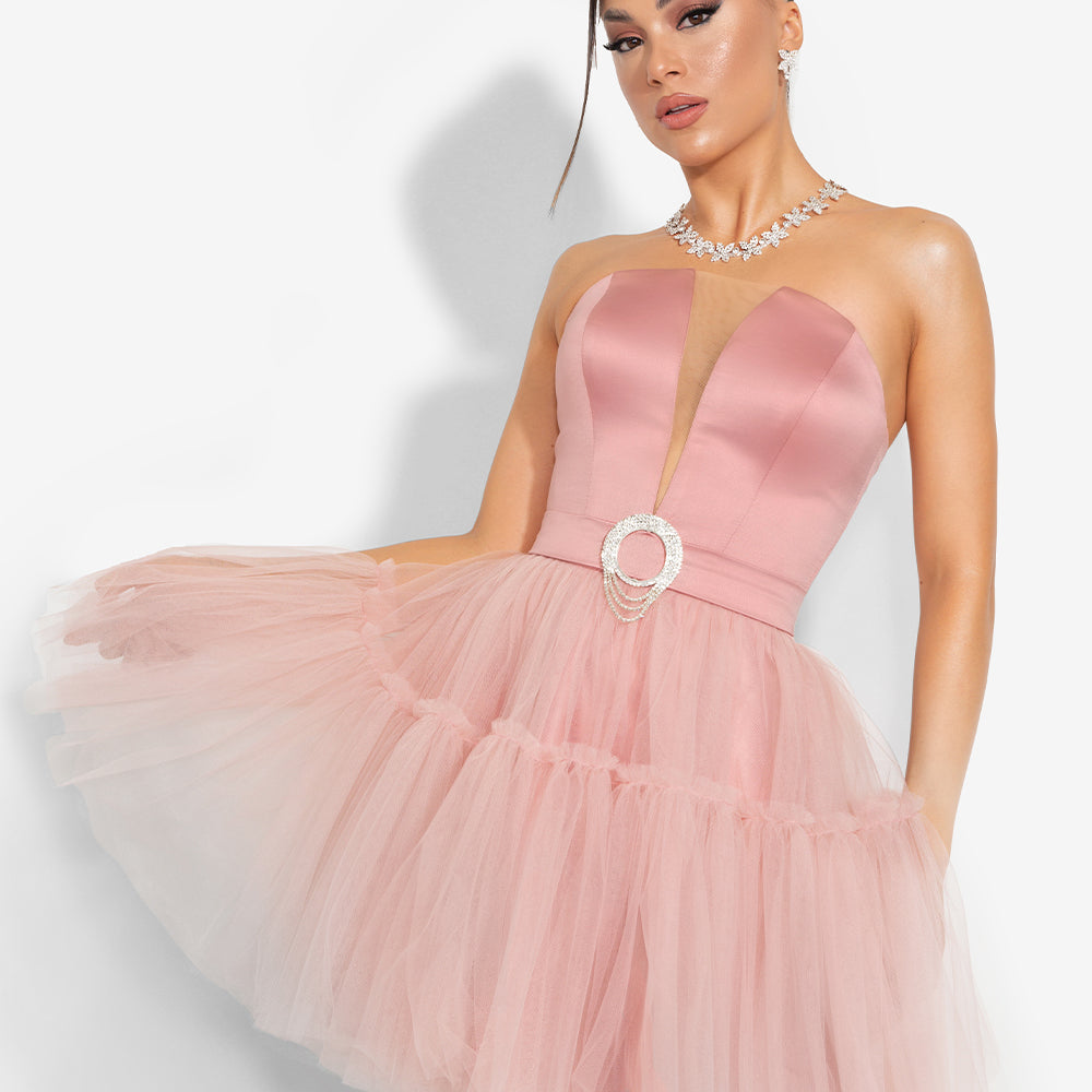 MINI SKIRT AND CROP TOP SET LARISA 2 PARTS SATIN TULLE POWDER PINK