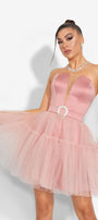 MINI SKIRT AND CROP TOP SET LARISA 2 PARTS SATIN TULLE POWDER PINK