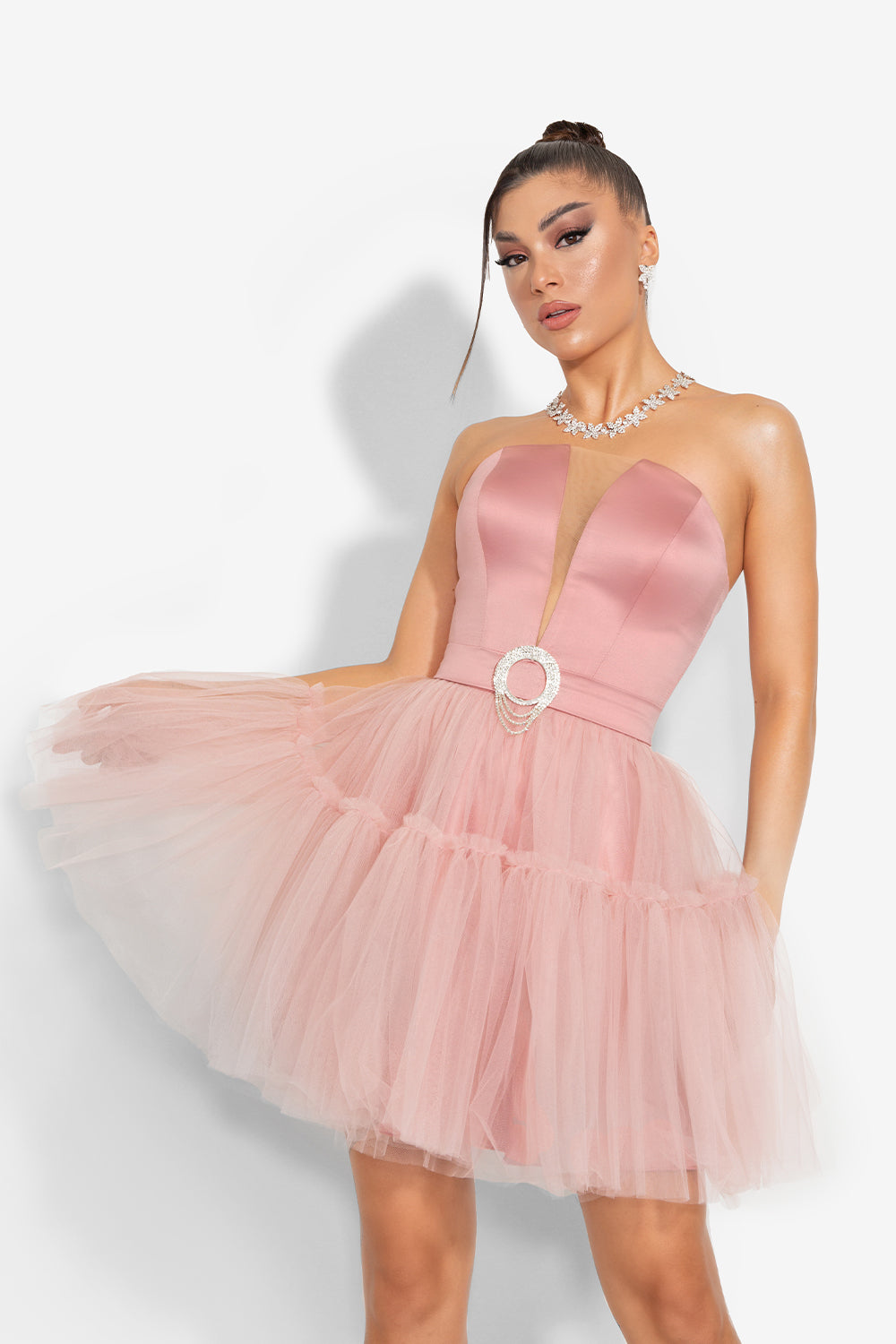 MINI SKIRT AND CROP TOP SET LARISA 2 PARTS SATIN TULLE POWDER PINK