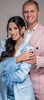 MAXI TOP WITH PANTS AND BLAZER SET JULISSA 4 PART SATIN FEATHERS LIGHT BLUE