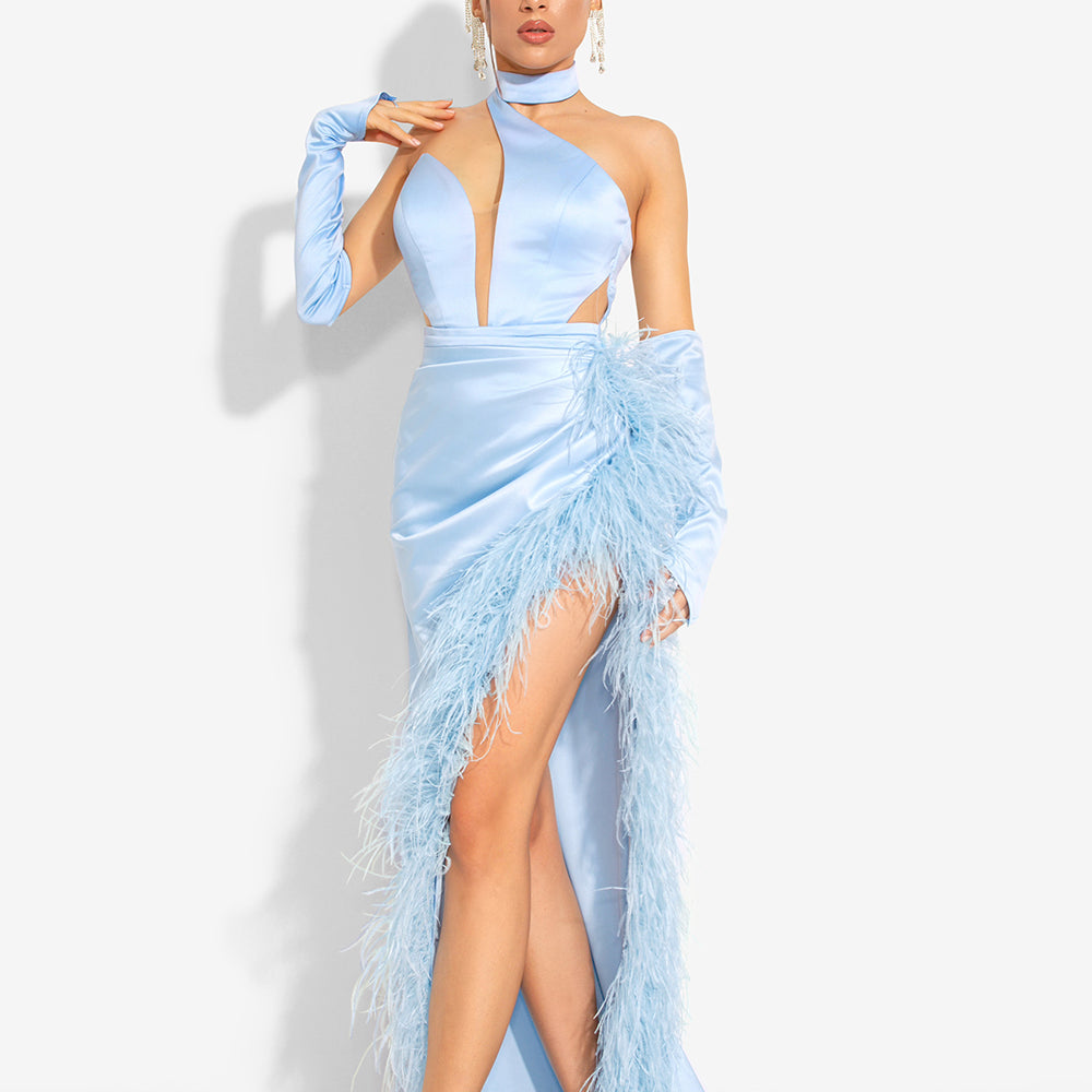 MAXI SKIRT AND CROP TOP SET 3 PARTS WINNIE SATIN FEATHERS LIGHT BLUE