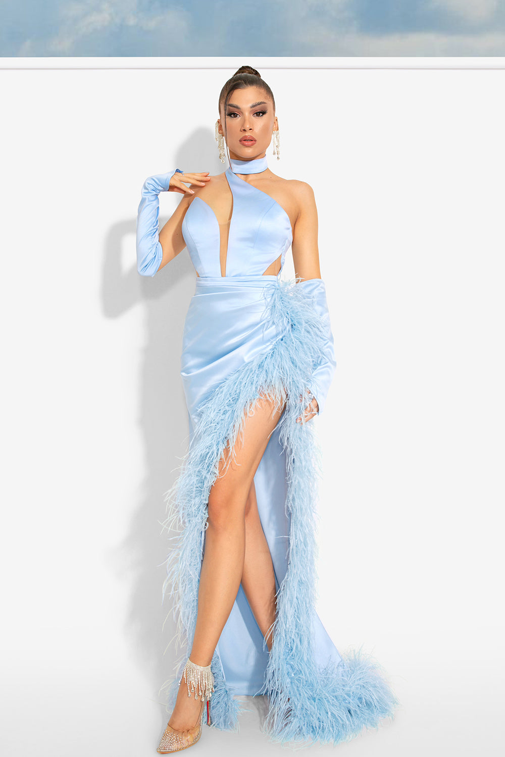MAXI SKIRT AND CROP TOP SET 3 PARTS WINNIE SATIN FEATHERS LIGHT BLUE