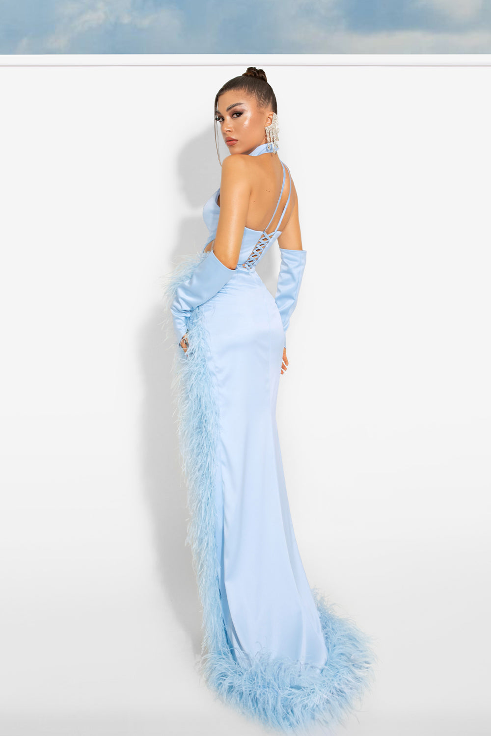 MAXI SKIRT AND CROP TOP SET 3 PARTS WINNIE SATIN FEATHERS LIGHT BLUE