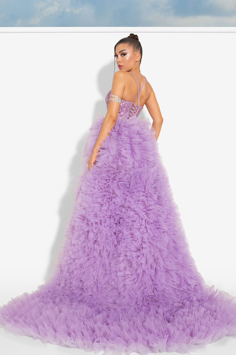 MAXI SKIRT AND CROP TOP SET DAISY 3 PARTS SEQUIN TULLE LAVENDER
