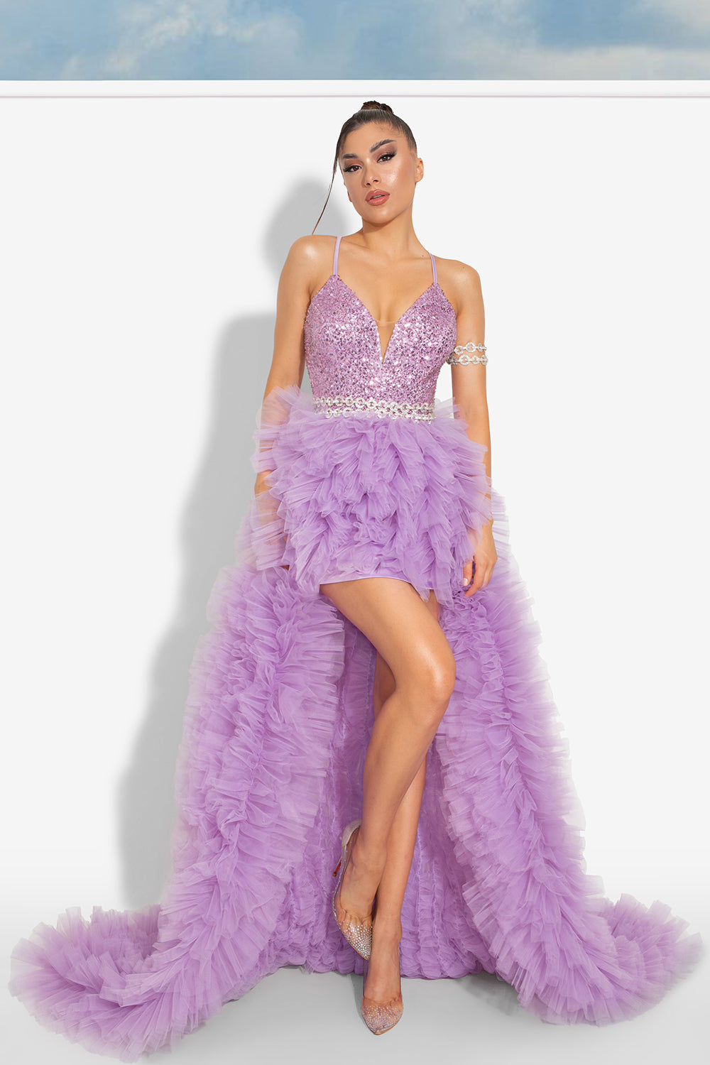MAXI SKIRT AND CROP TOP SET DAISY 3 PARTS SEQUIN TULLE LAVENDER