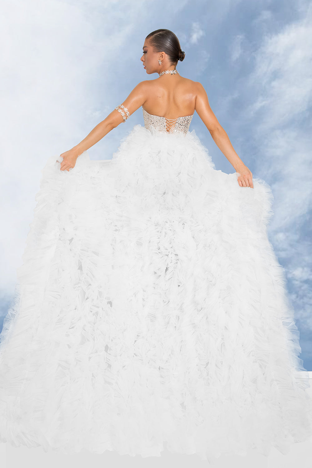 MAXI SKIRT AND CROP TOP SET ILIANA 3 PARTS SEQUIN TULLE WHITE AND SILVER