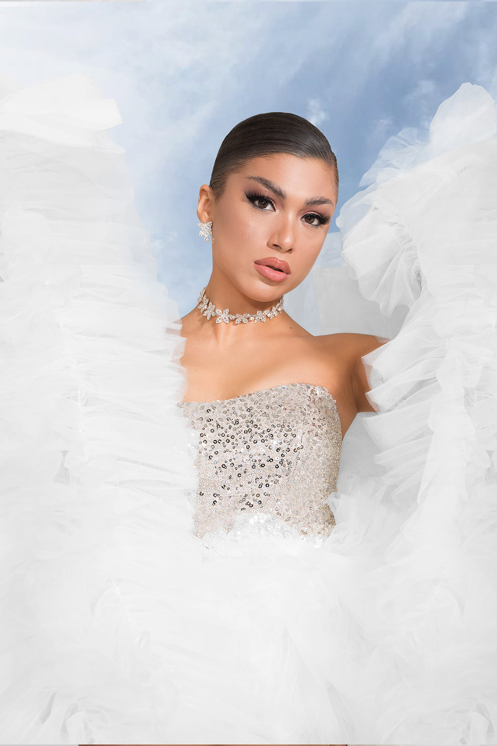 MAXI SKIRT AND CROP TOP SET ILIANA 3 PARTS SEQUIN TULLE WHITE AND SILVER