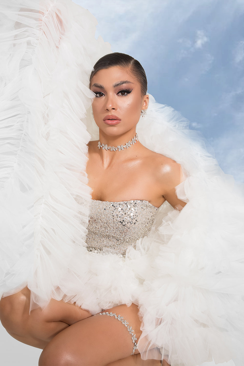 MAXI SKIRT AND CROP TOP SET ILIANA 3 PARTS SEQUIN TULLE WHITE AND SILVER