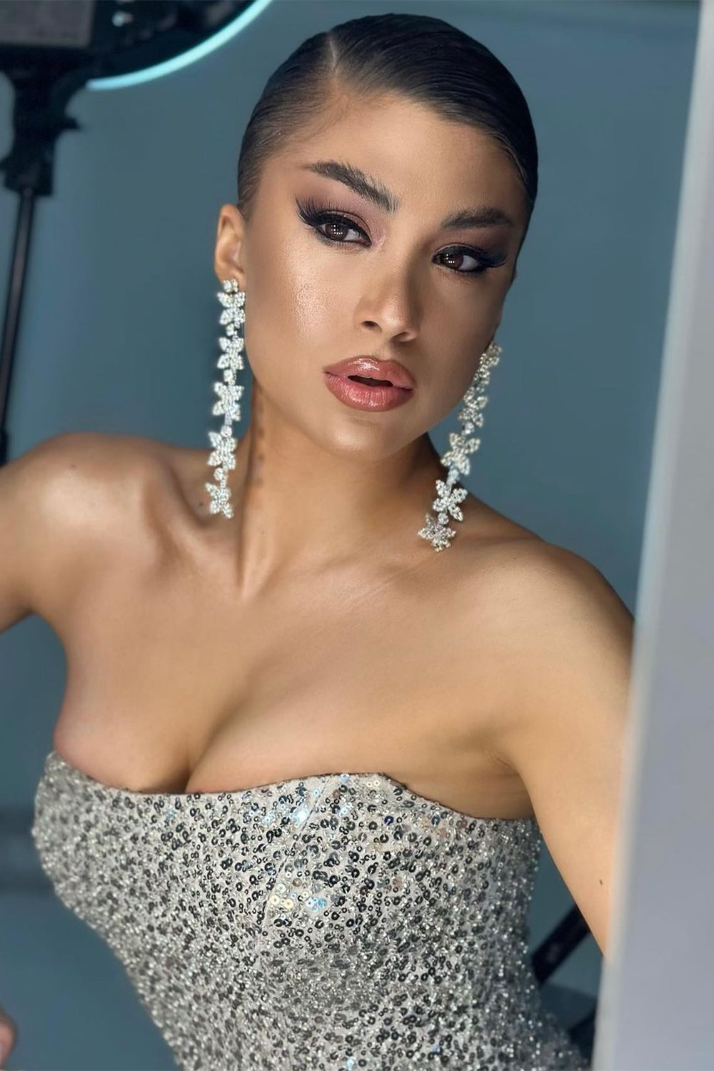 MAXI SKIRT AND CROP TOP LEILANI SET 2 PARTS SEQUIN SILVER