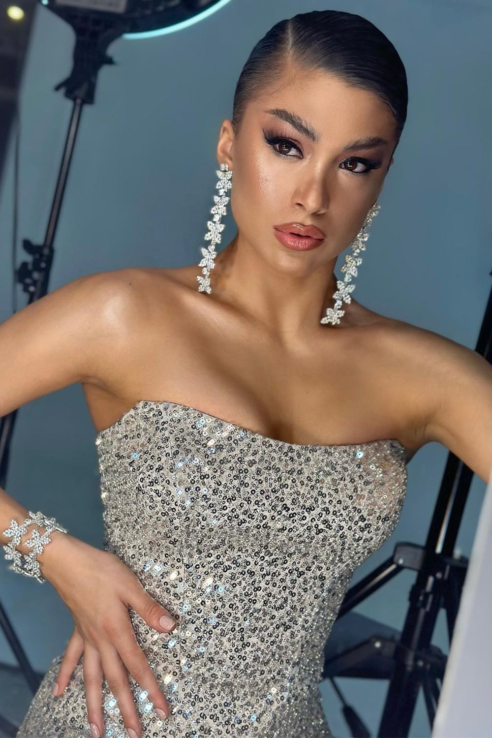 MAXI SKIRT AND CROP TOP LEILANI SET 2 PARTS SEQUIN SILVER