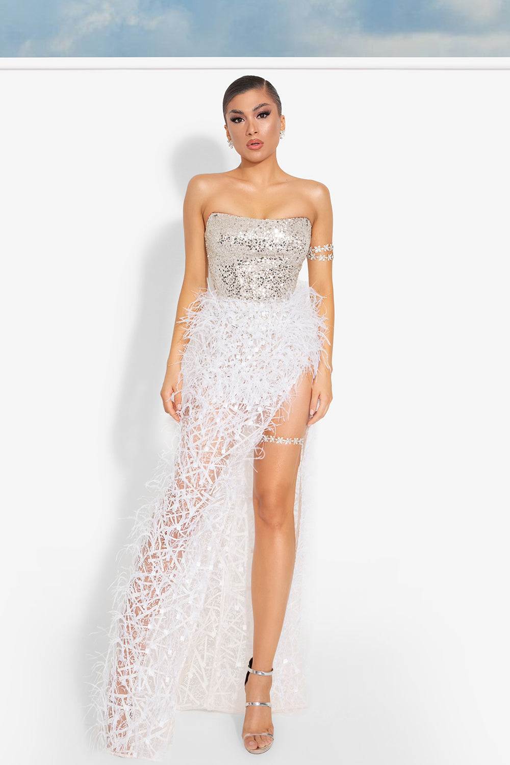 MAXI SKIRT AND CROP TOP SET ESMERALDA SEQUIN GLITTER LACE FEATHERS SILVER WHITE AND NUDE