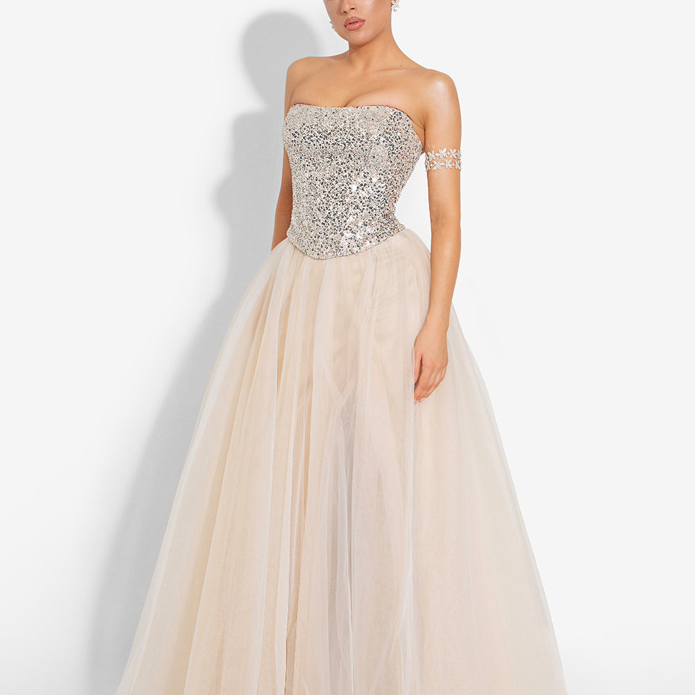MAXI SKIRT AND CROP TOP SET ADELE 2 PARTS SEQUIN TULLE SILVER AND NUDE