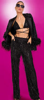MAXI TOP WITH PANTS AND BLAZER SET 4 PART SHELBY SEQUIN FEATHERS BLACK