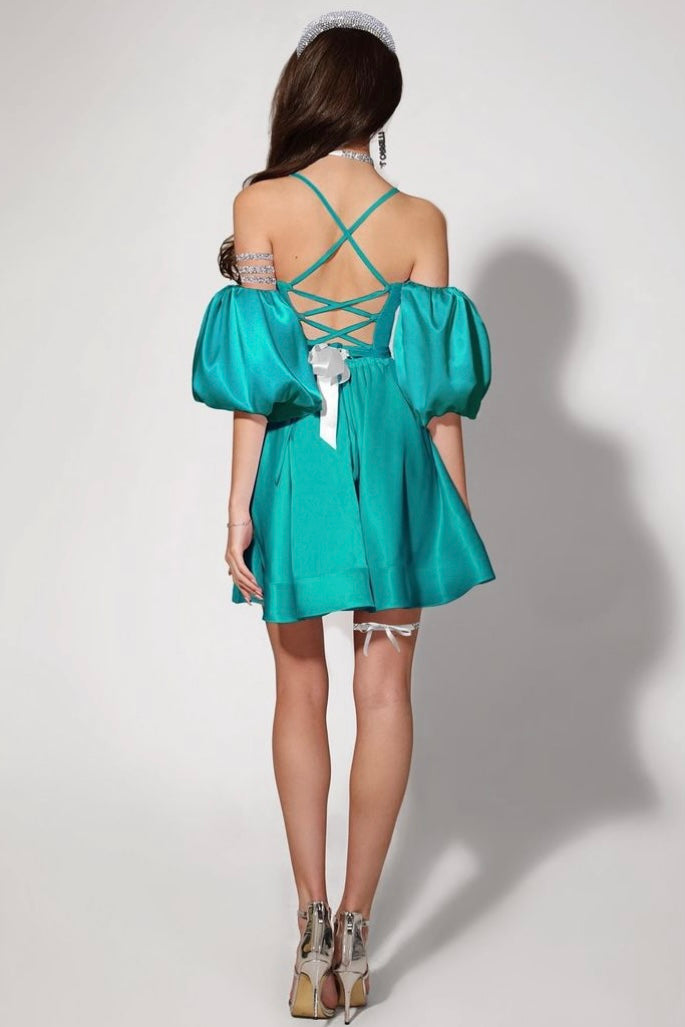 MINI DRESS ALLY SATIN PETROL BLUE Lorreti MINI DRESS ALLY SATIN PETROL BLUE Lorreti
