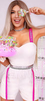 MINI CROP TOP AND PANTS SET 2 PARTS TRICOT HOT PINK  AND WHITE