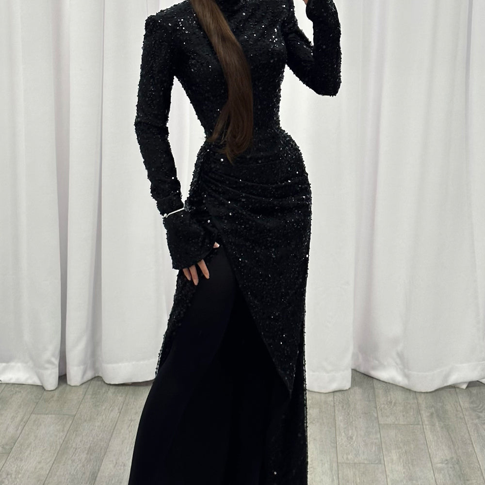 MAXI SKIRT AND CROP TOP SET VIOLA SEQUIN BLACK