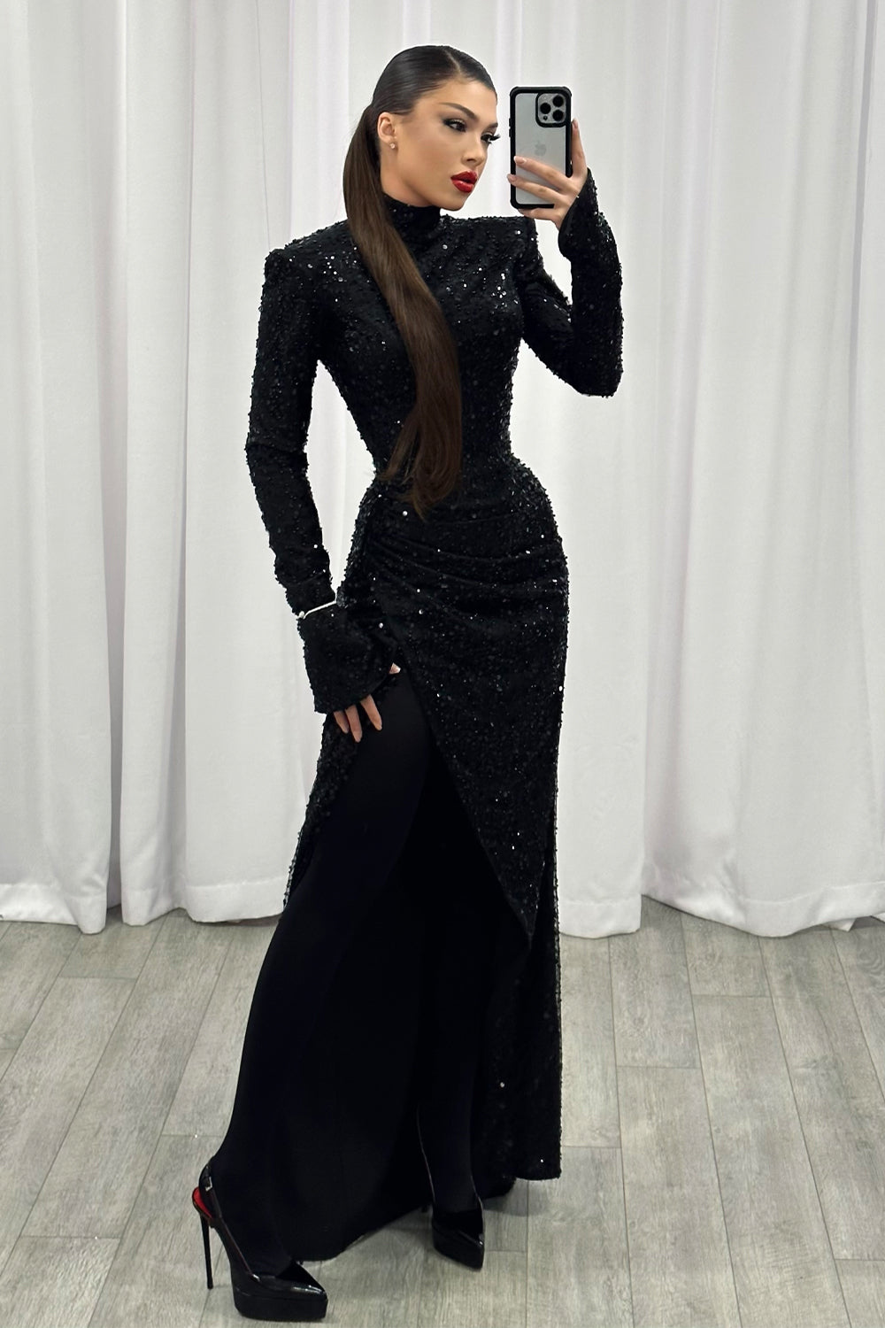 MAXI SKIRT AND CROP TOP SET VIOLA SEQUIN BLACK