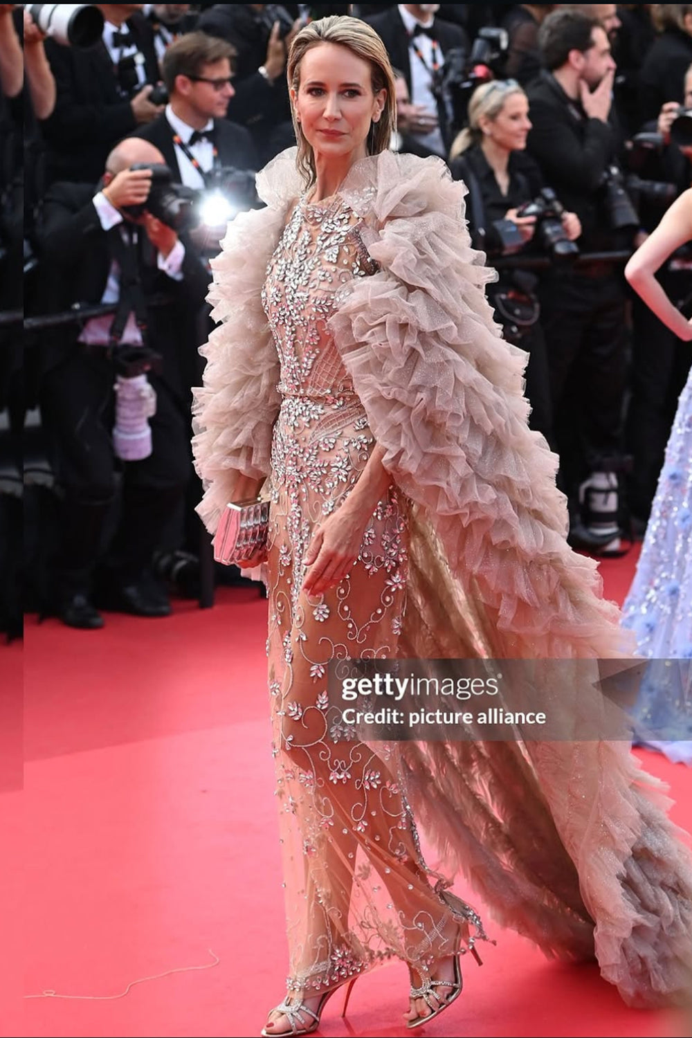 MAXI DRESS AND CLOAK CAROLINE RHINESTONE GLITTER TULLE CHAMPAGNE