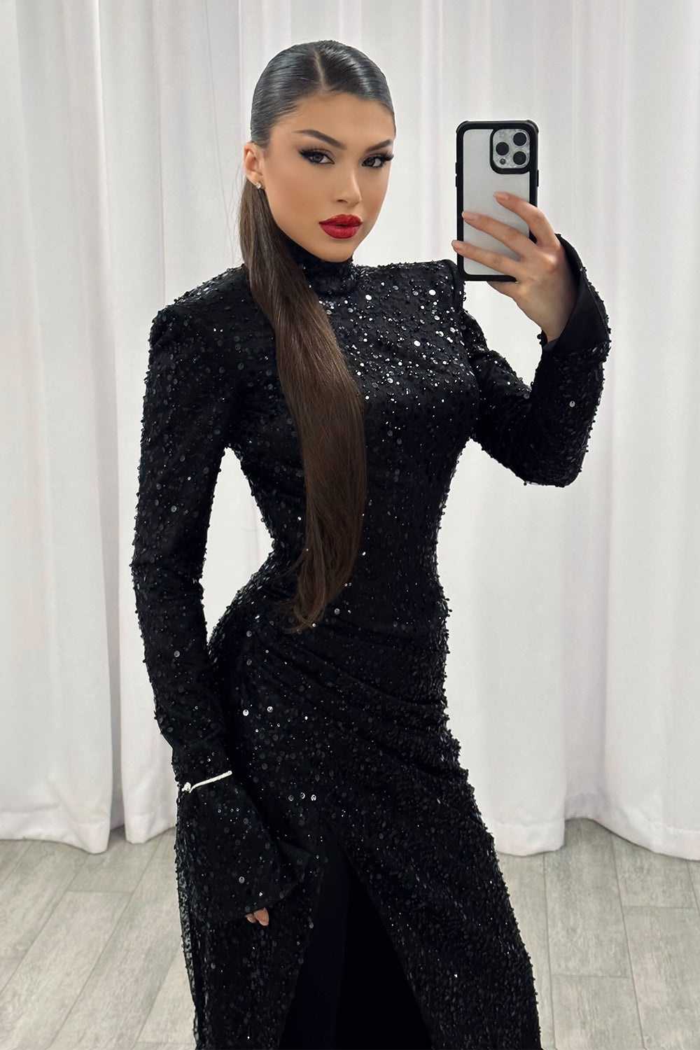 MAXI SKIRT AND CROP TOP SET VIOLA SEQUIN BLACK