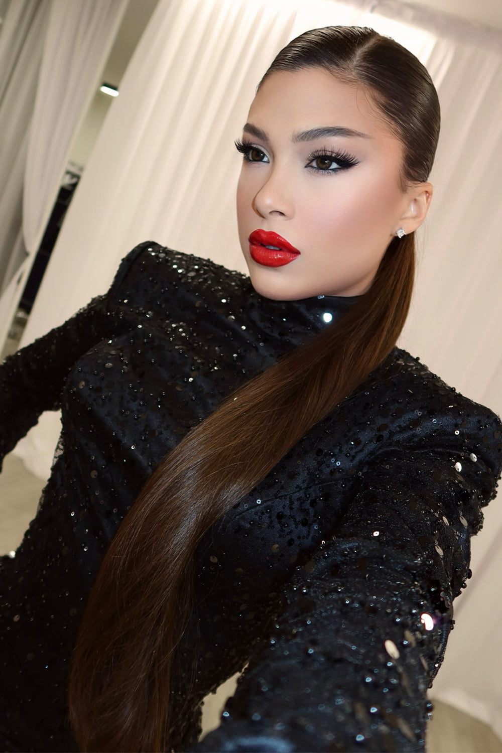 MAXI SKIRT AND CROP TOP SET VIOLA SEQUIN BLACK