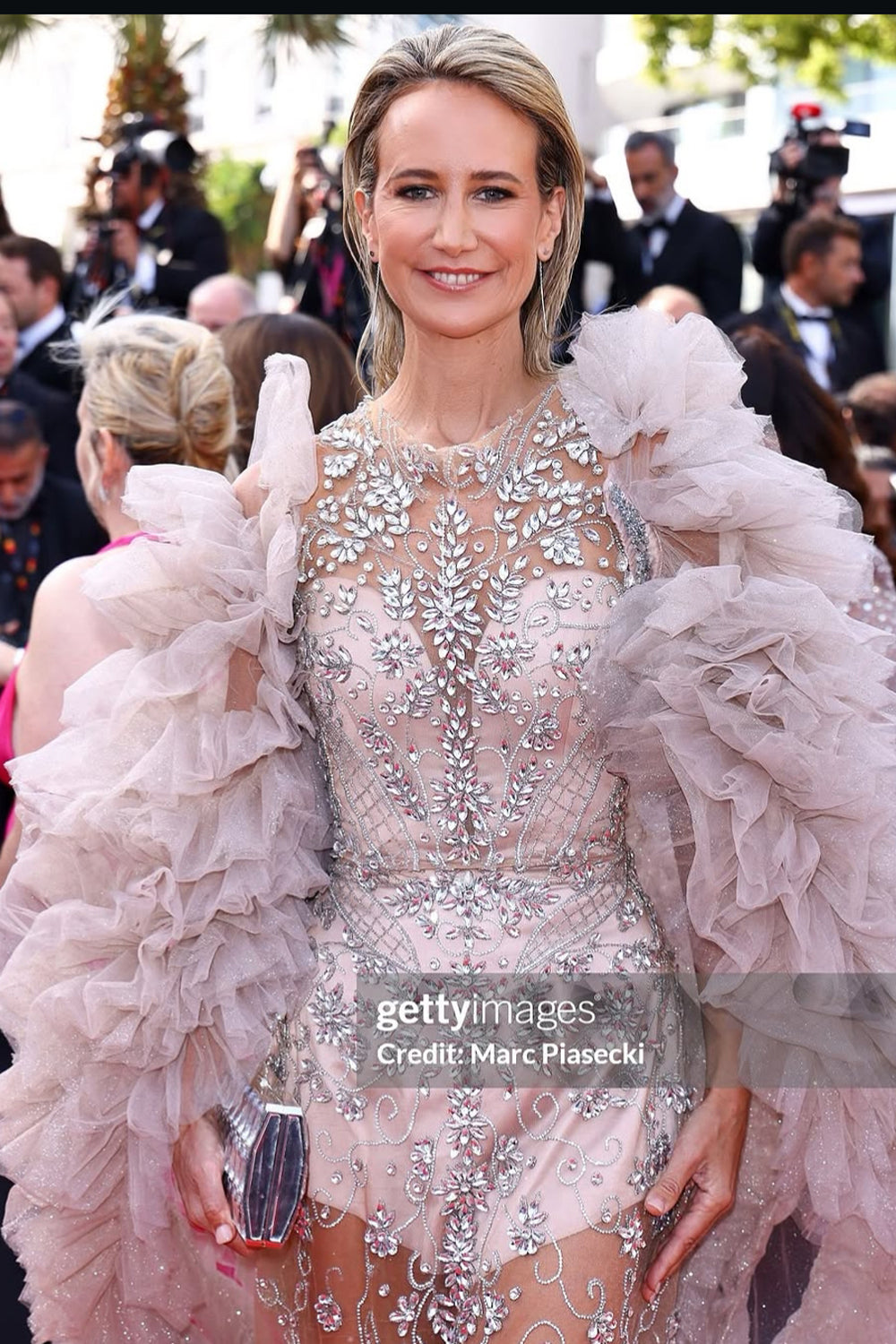 МAXI VESTITO E MANTELLO CAROLINE STRASS BROCCATO DI TULLE CHAMPAGNE