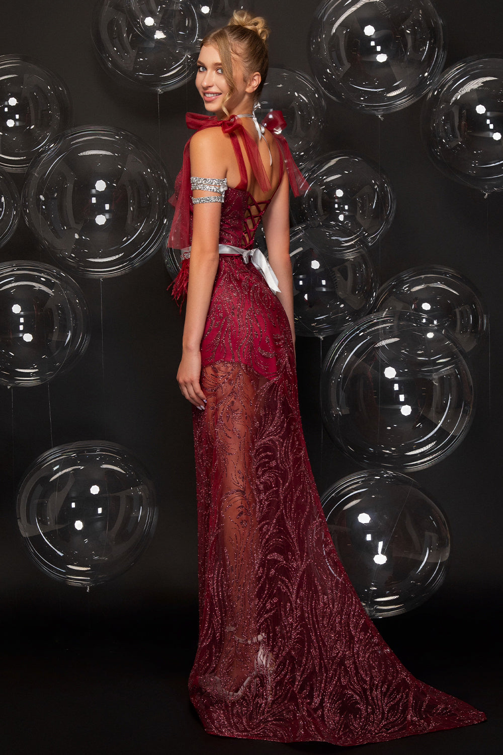 MAXI SET TOP CU FUSTA PALMER DANTELA GLITTER TUL ALBASTRU INCHIS