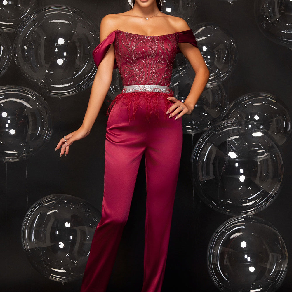 MAXI CROP TOP AND PANTS SET TATYANA GLITTER LACE SATIN BURGUNDY
