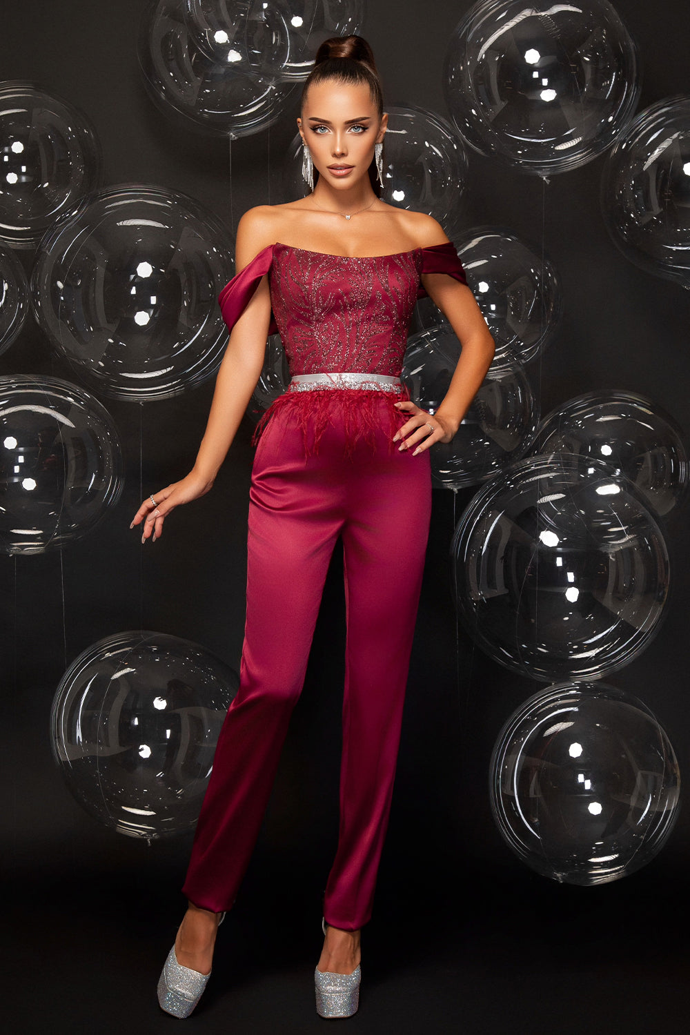 MAXI CROP TOP AND PANTS SET TATYANA GLITTER LACE SATIN BURGUNDY