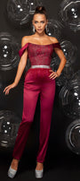 MAXI CROP TOP AND PANTS SET TATYANA GLITTER LACE SATIN BURGUNDY