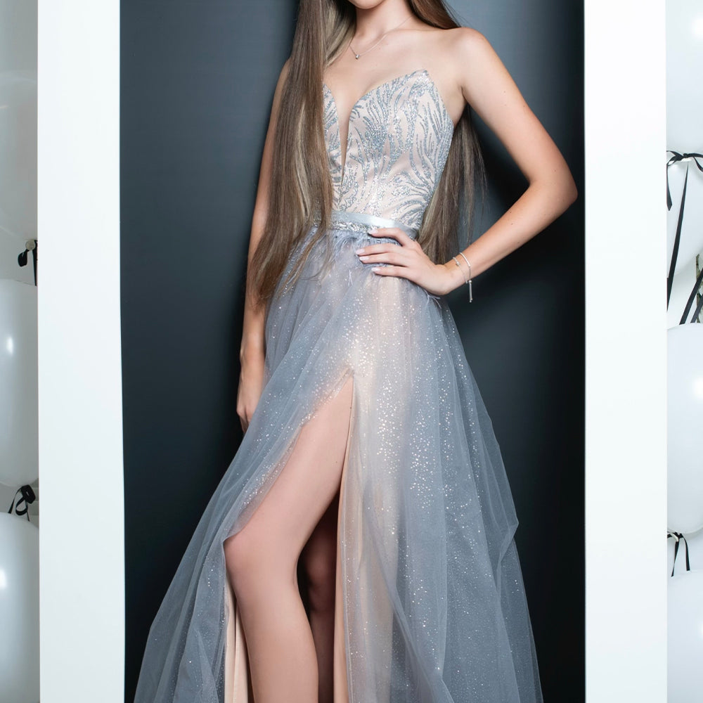 MAXI SKIRT AND CROP TOP SET ALEXANDRINA GLITTER LACE GLITTER TULLE SILVER AND NUDE