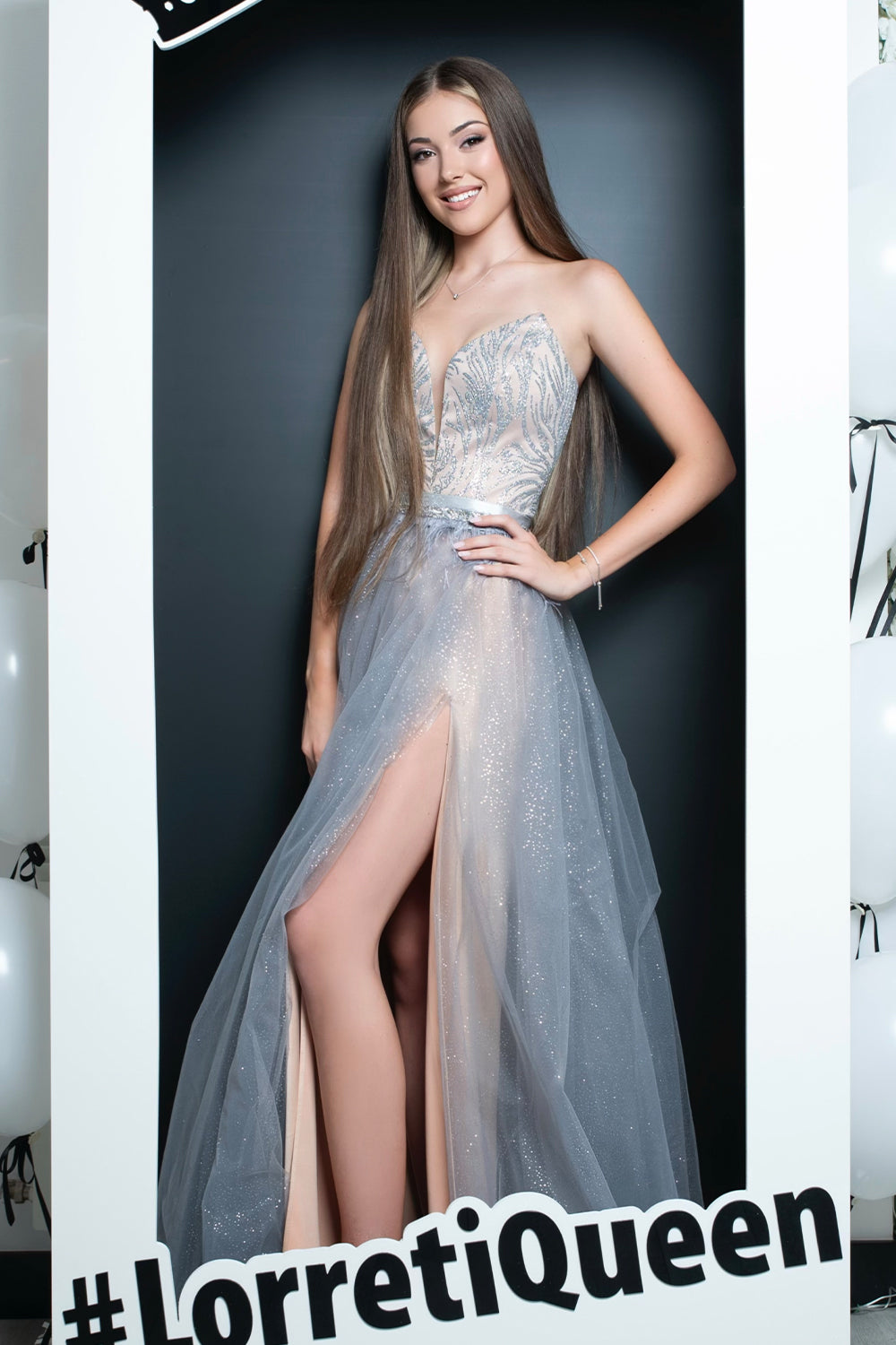 MAXI SKIRT AND CROP TOP SET ALEXANDRINA GLITTER LACE GLITTER TULLE SILVER AND NUDE