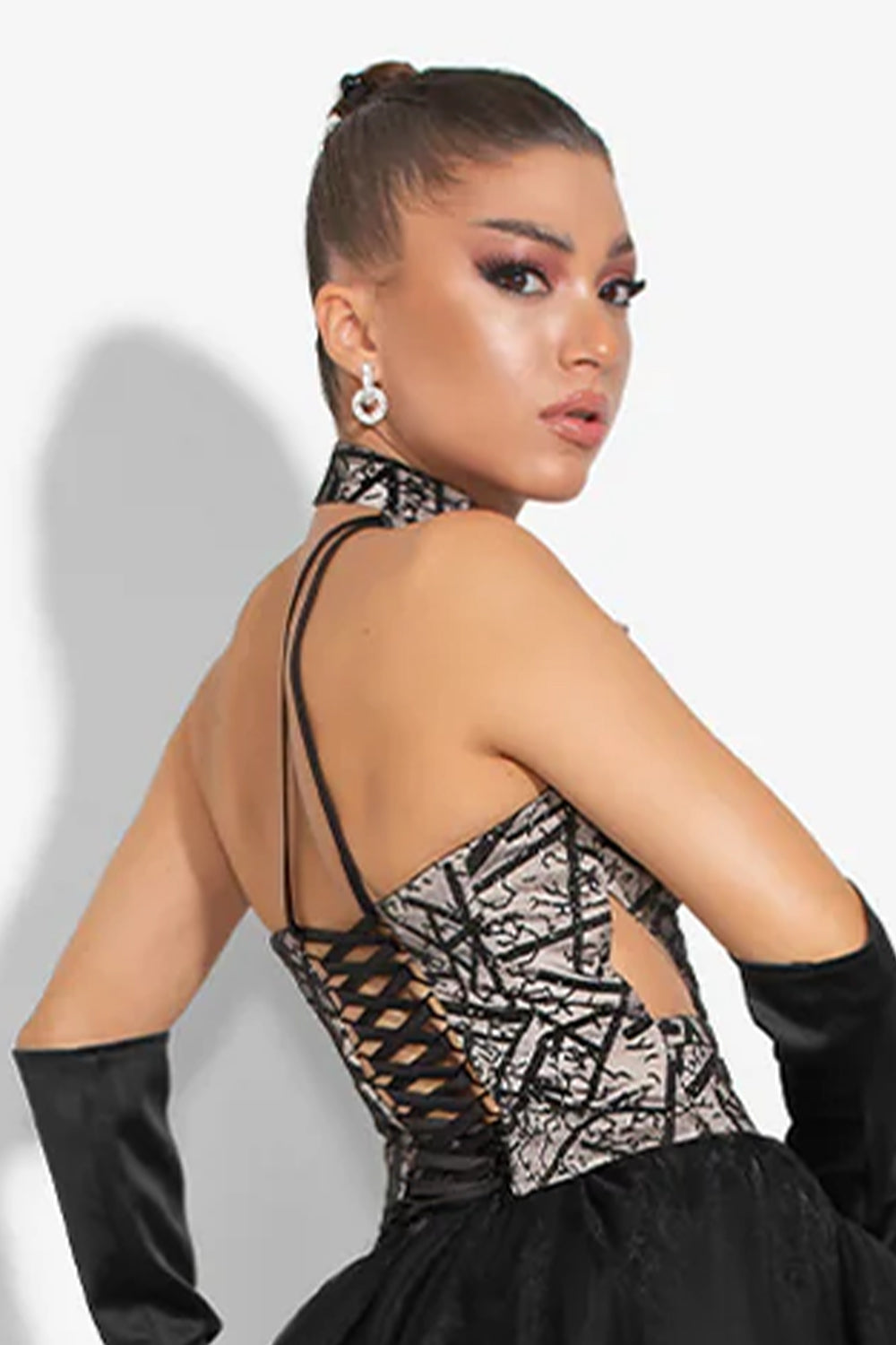 МAXI SET TOP CON GONNA GRACELYN PIZZO GLITTERATO RASO VERDE SCURO