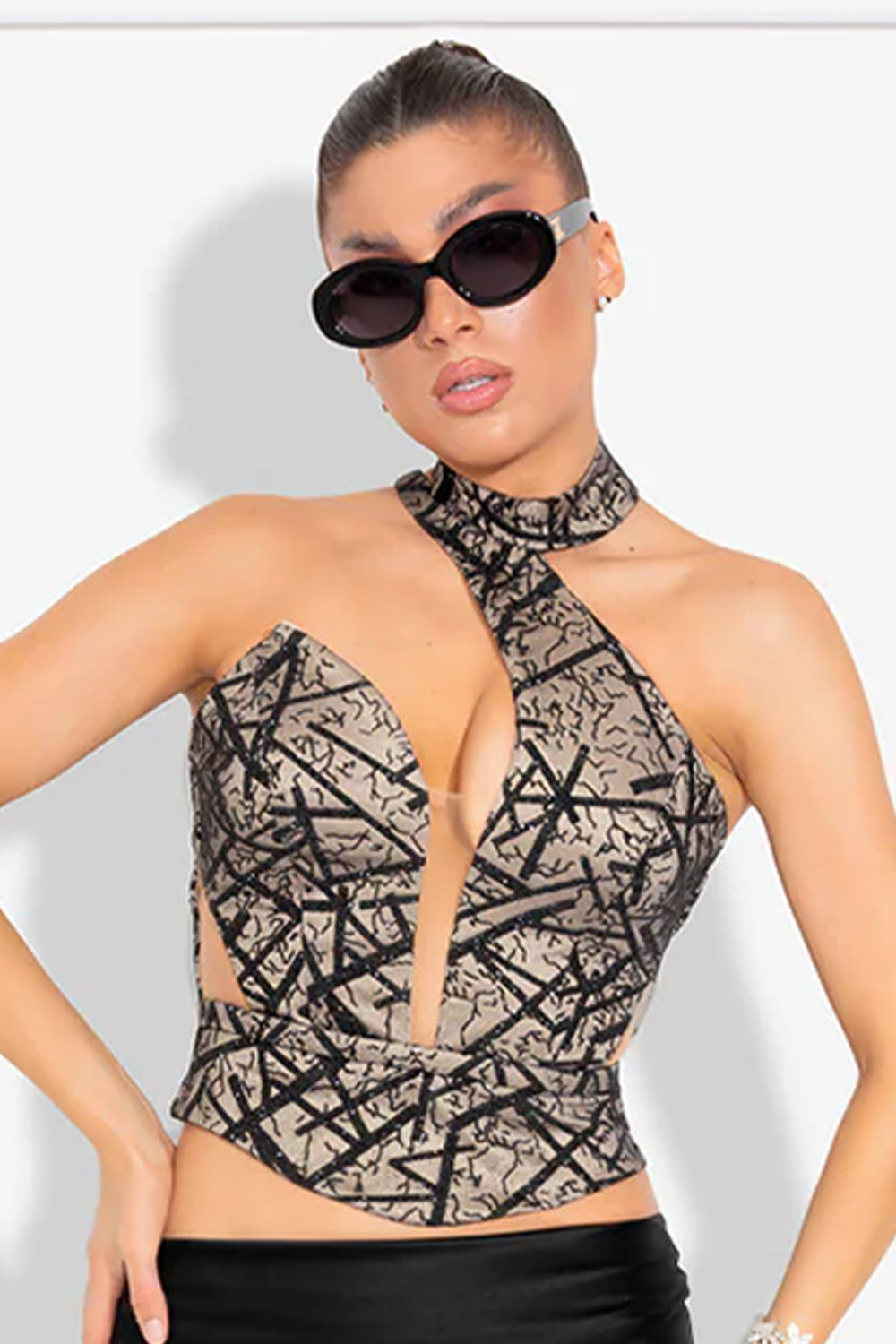 МAXI SET TOP CON GONNA GRACELYN PIZZO GLITTERATO RASO VERDE SCURO