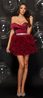 MINI SKIRT AND CROP TOP SET LOUISIANA GLITTER LACE SATIN GLITTER TULLE BURGUNDY