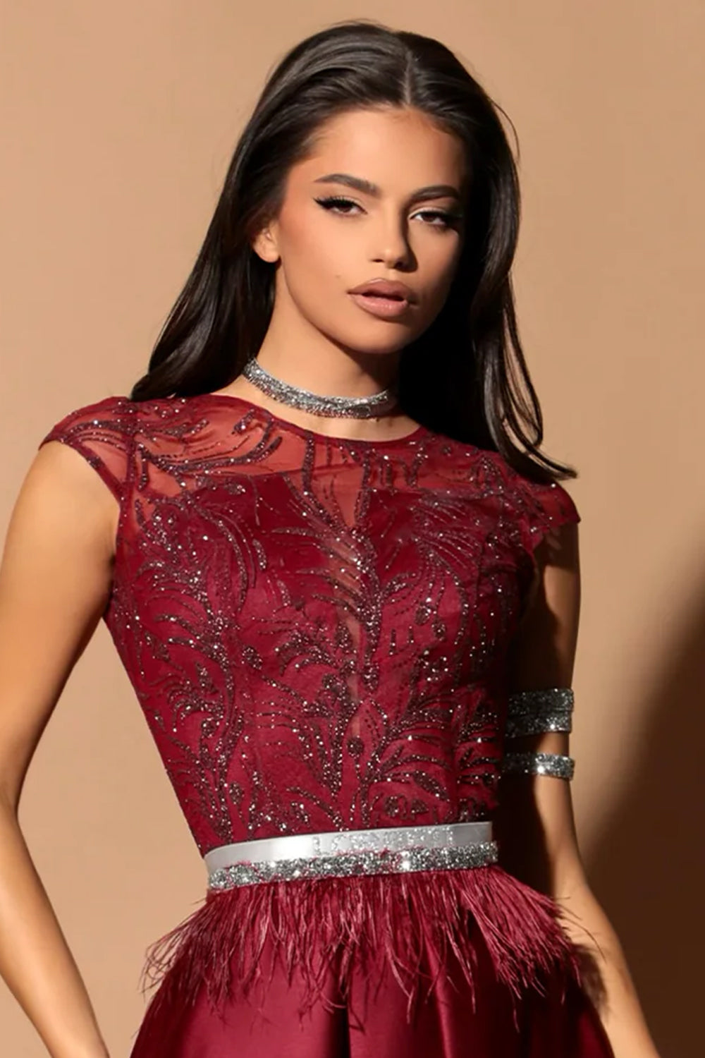 МAXI SET TOP CON GONNA GRACELYN PIZZO GLITTERATO RASO VERDE SCURO