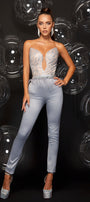 MAXI CONJUNTO TOP CON PANTALONES DAVINA ЕNCAJE BRILLANTE SATÍN AZUL CLARO