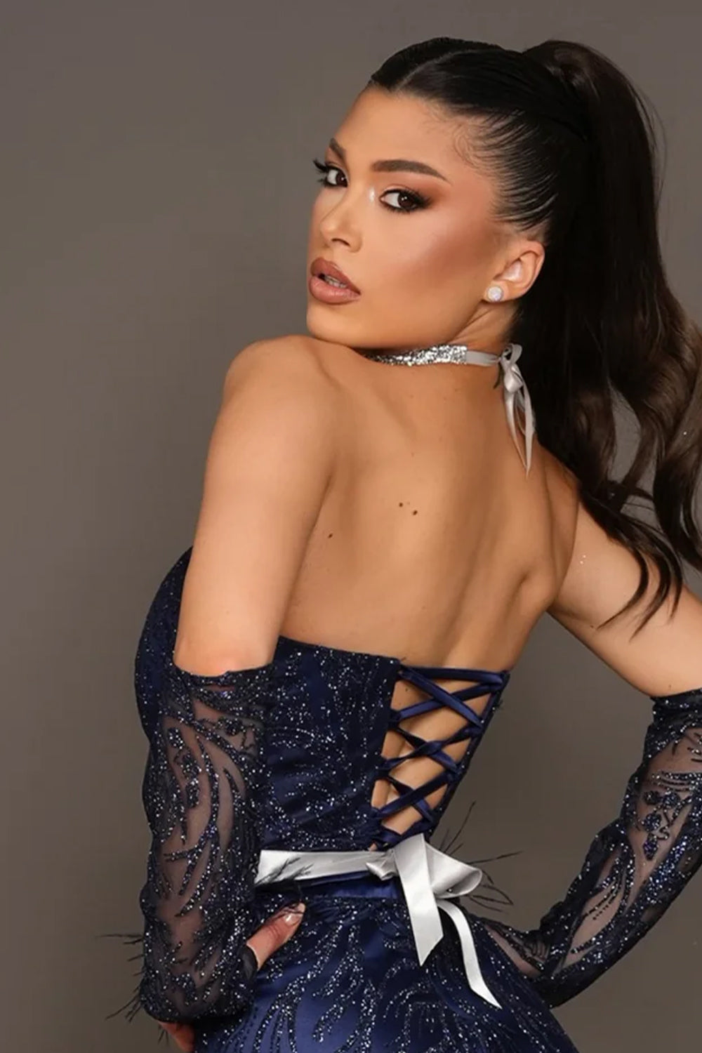 МAXI SET TOP CON GONNA GRACELYN PIZZO GLITTERATO RASO VERDE SCURO