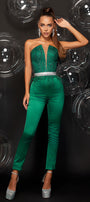 MAXI CROP TOP AND PANTS SET INDIA GLITTER LACE SATIN DARK GREEN