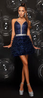 MINI SKIRT AND CROP TOP SET JUDE GLITTER LACE RHINESTONE FEATHERS DARK BLUE