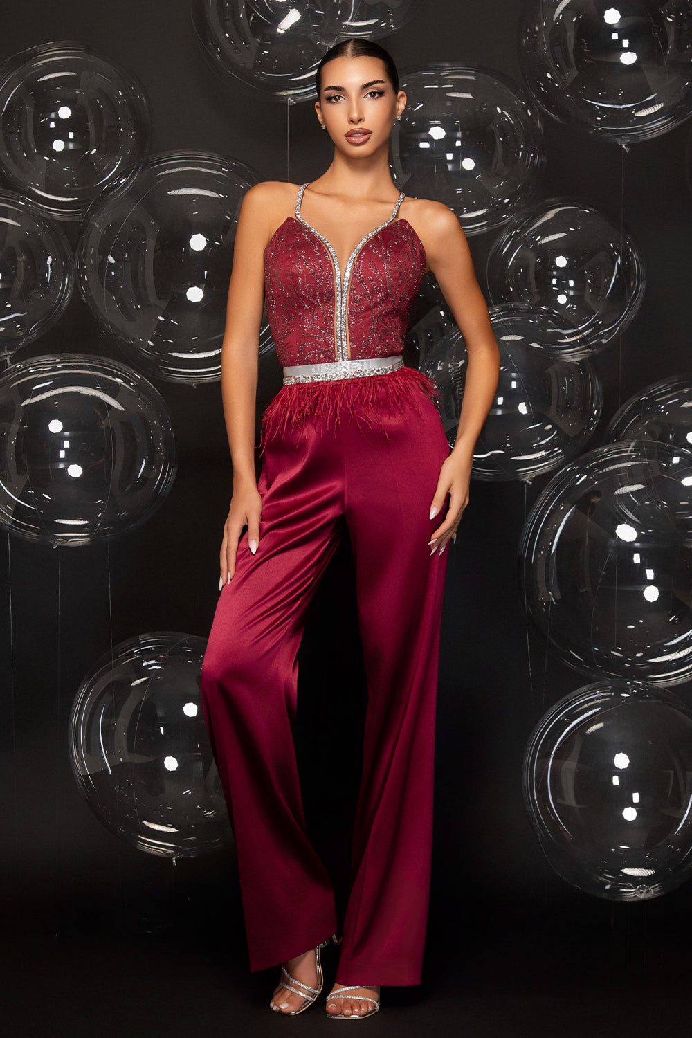 MAXI CROP TOP AND PANTS SET NORTH GLITTER LACE RHINESTONE SATIN BURGUNDY