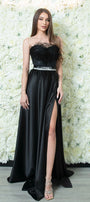 MAXI SKIRT AND CROP TOP SET MAISY SATIN GLITTER LACE FEATHERS BLACK
